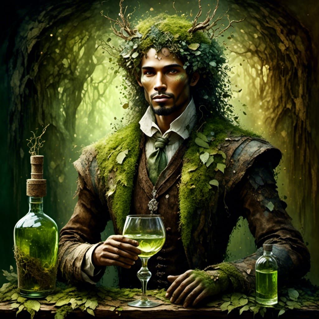 Fantasy Bartender: Earth-Guardian in Watercolor Style