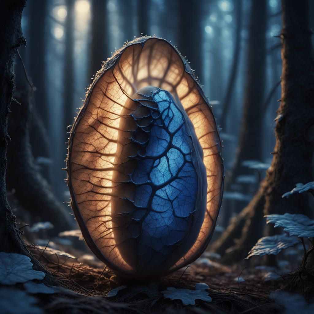 Glowing Cocoon in Eerie Forest: Hyper-Realistic Digital Art