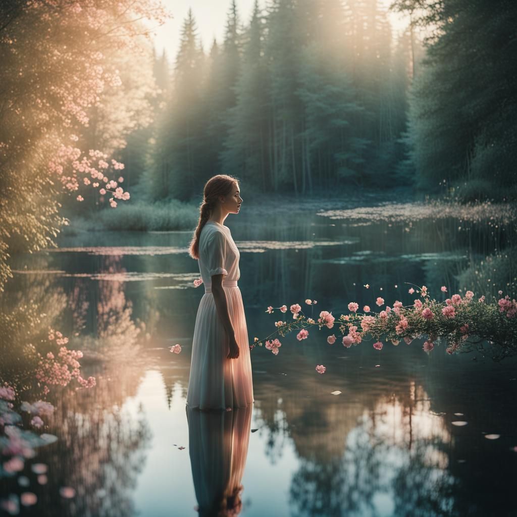 Woman Reflecting in Forest Lake: Ethereal Portrait