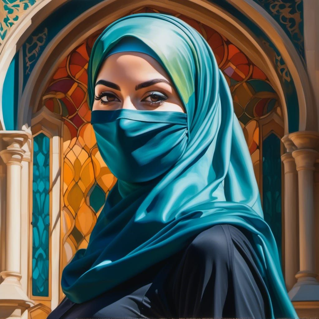 Striking Oil Painting of a Masked Woman in Hijab