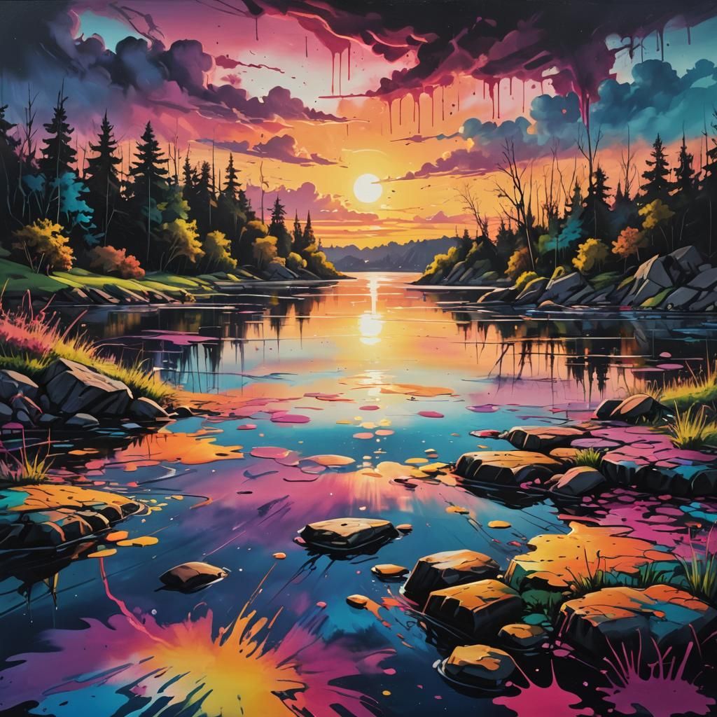 Lake Cove Sunset in Graffiti Street Art Style