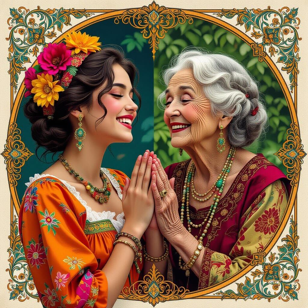 Youth and Age: A Hyperrealistic Art Nouveau Portrait