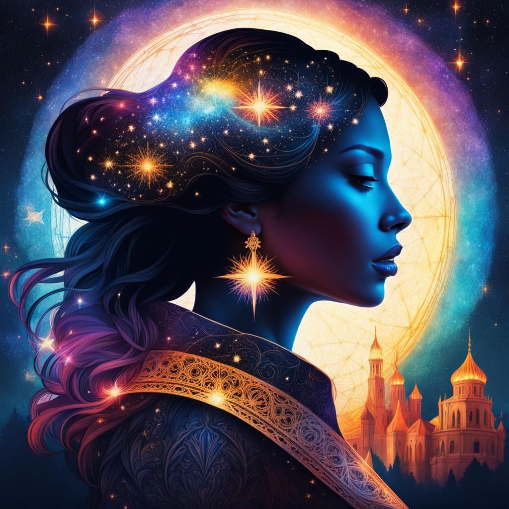 Medieval Maiden Silhouette in Vibrant Double Exposure Art