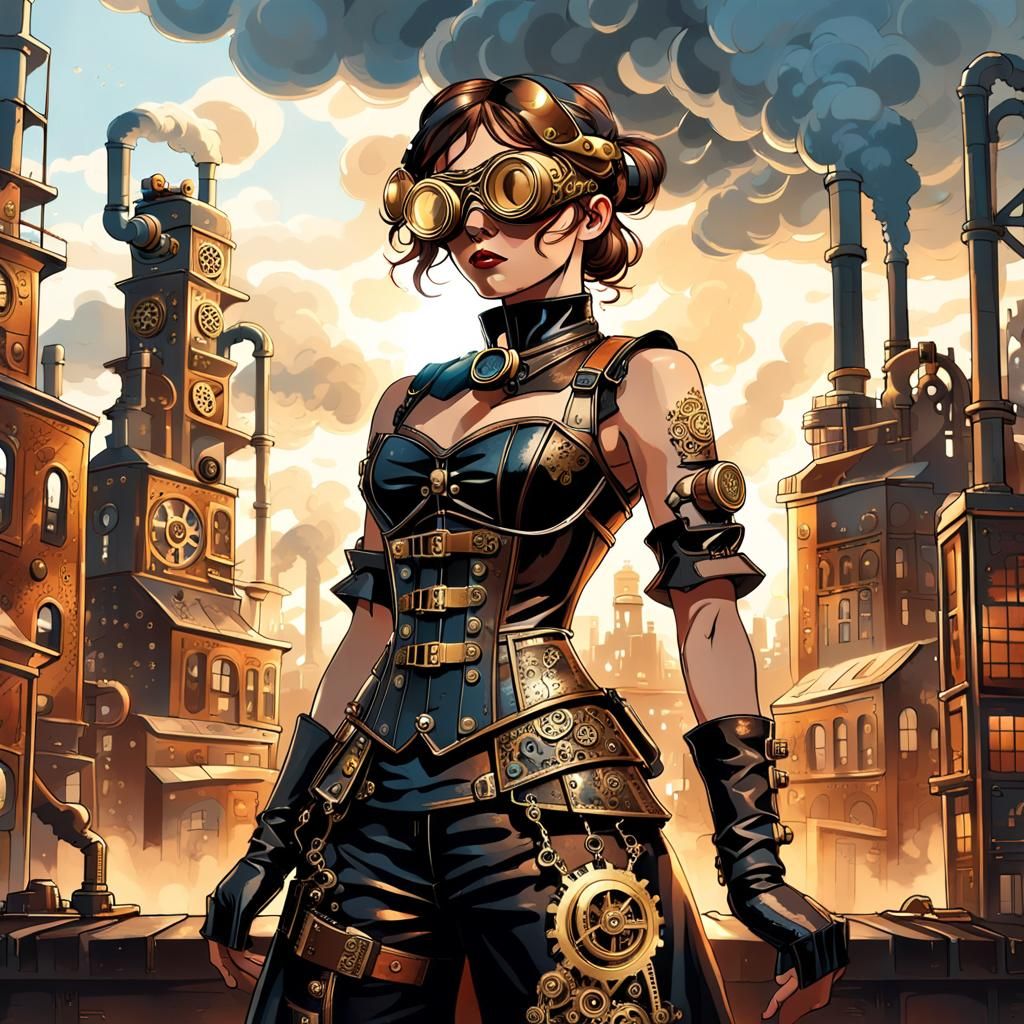 Steampunk Woman in Cityscape: Vintage Sci-Fi Art