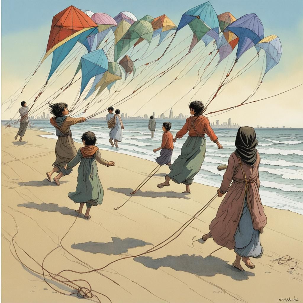 Children Float as Kites Over Gaza Beach