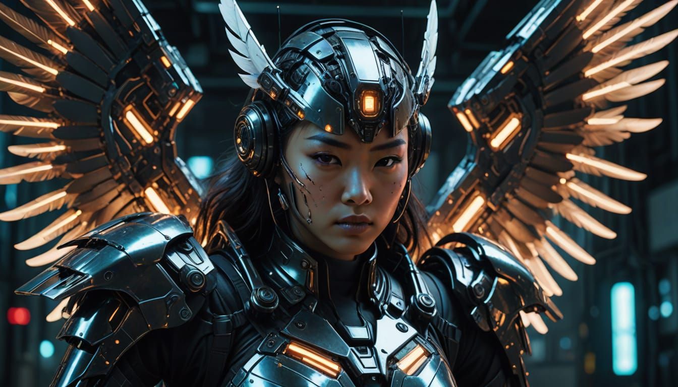 Cyberpunk Asian Warrior with Mechanical Wings