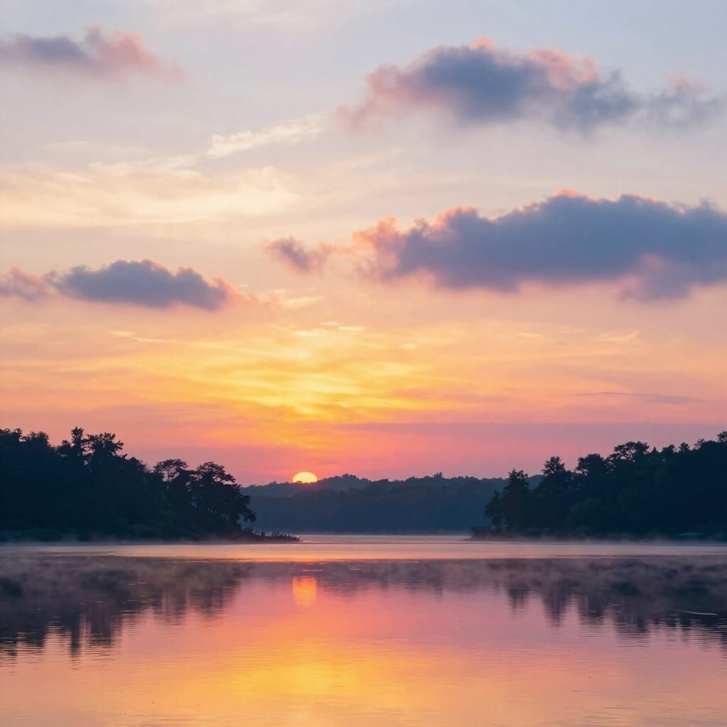 New Dawn Sky Over Lake with Tree Silhouettes