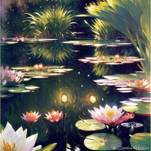 Lily Pond in Impressionistic and Pre-Raphaelite Styles