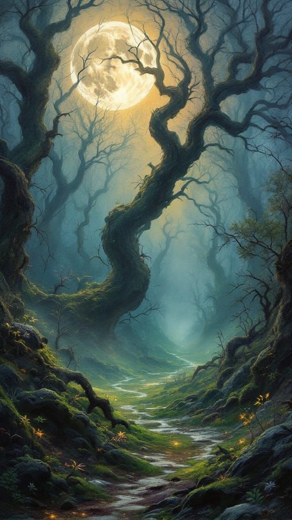 Moonlit Forest with Ancient Trees in Mystical Hues