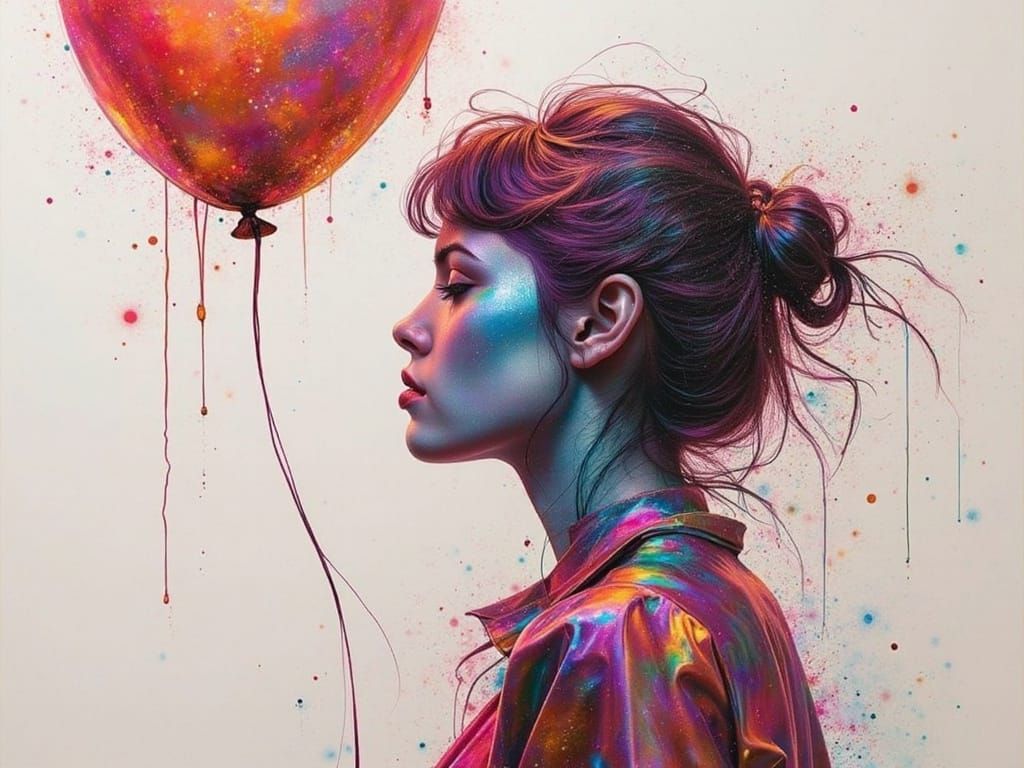 Girl With Balloon Drip Ink Art in Pastel Colors