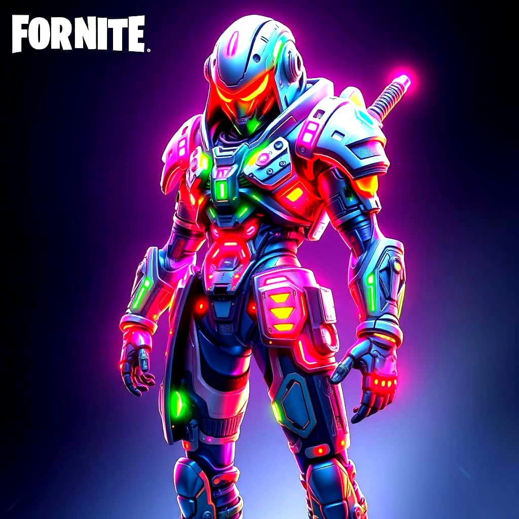 Cyberpunk Fortnite Skin with Neon Accents and Metallic Armor