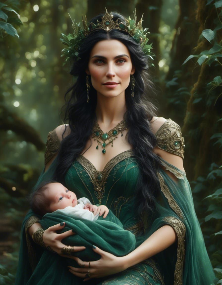 A beautiful female elf, with (black) hair and (emerald green) eyes. Holding her infant son with (brown) hair and (grey) ...