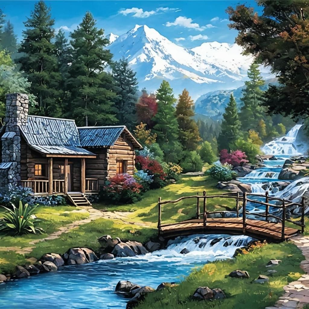 Picturesque Cabin Retreat with Waterfall and Mountains