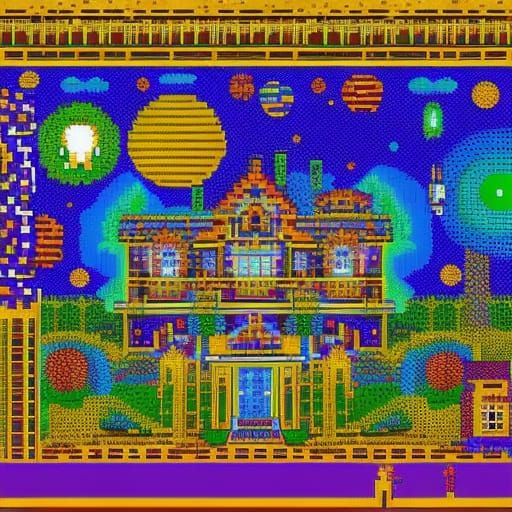 Cosmic Victorian Mansion in Pixel Art