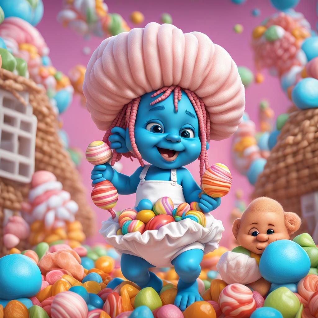 Baby Smurf Girl with Braids in Candy Art Style