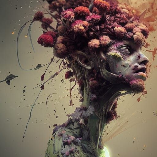 Martian Flower Creature in Apartment, Wet Brush Style