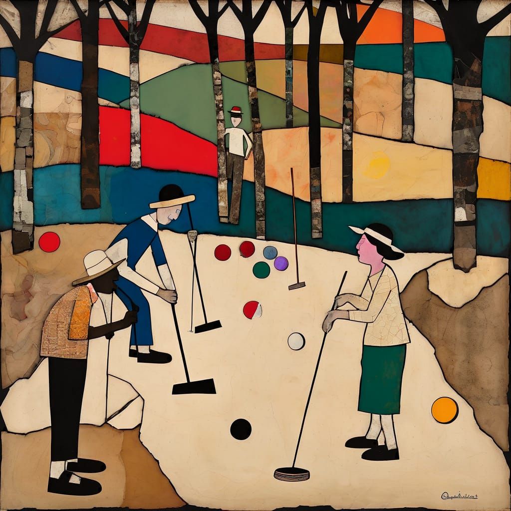 People Playing Croquet in Mixed Media Style