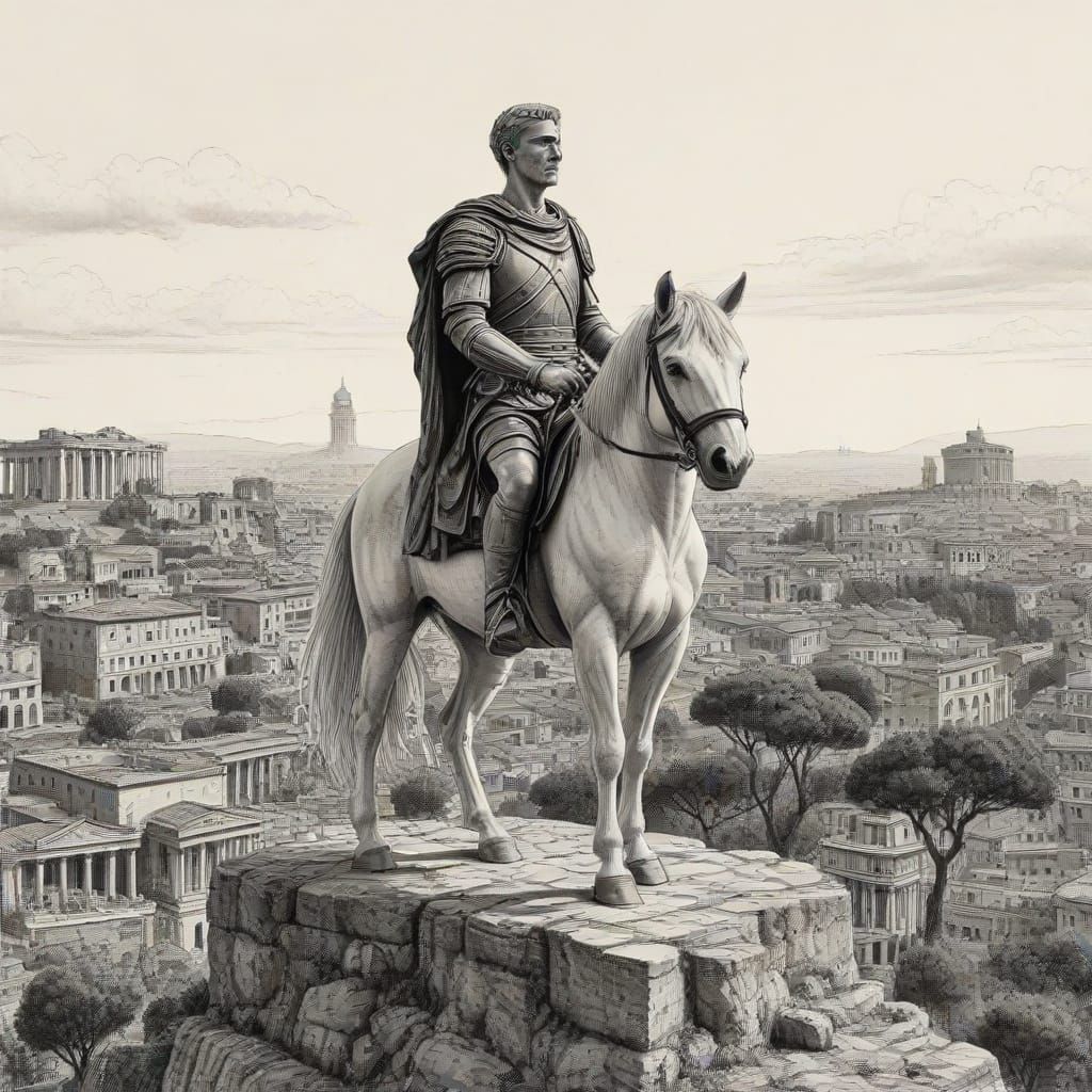 Julius Caesar on Horseback Overlooking Imperial Rome