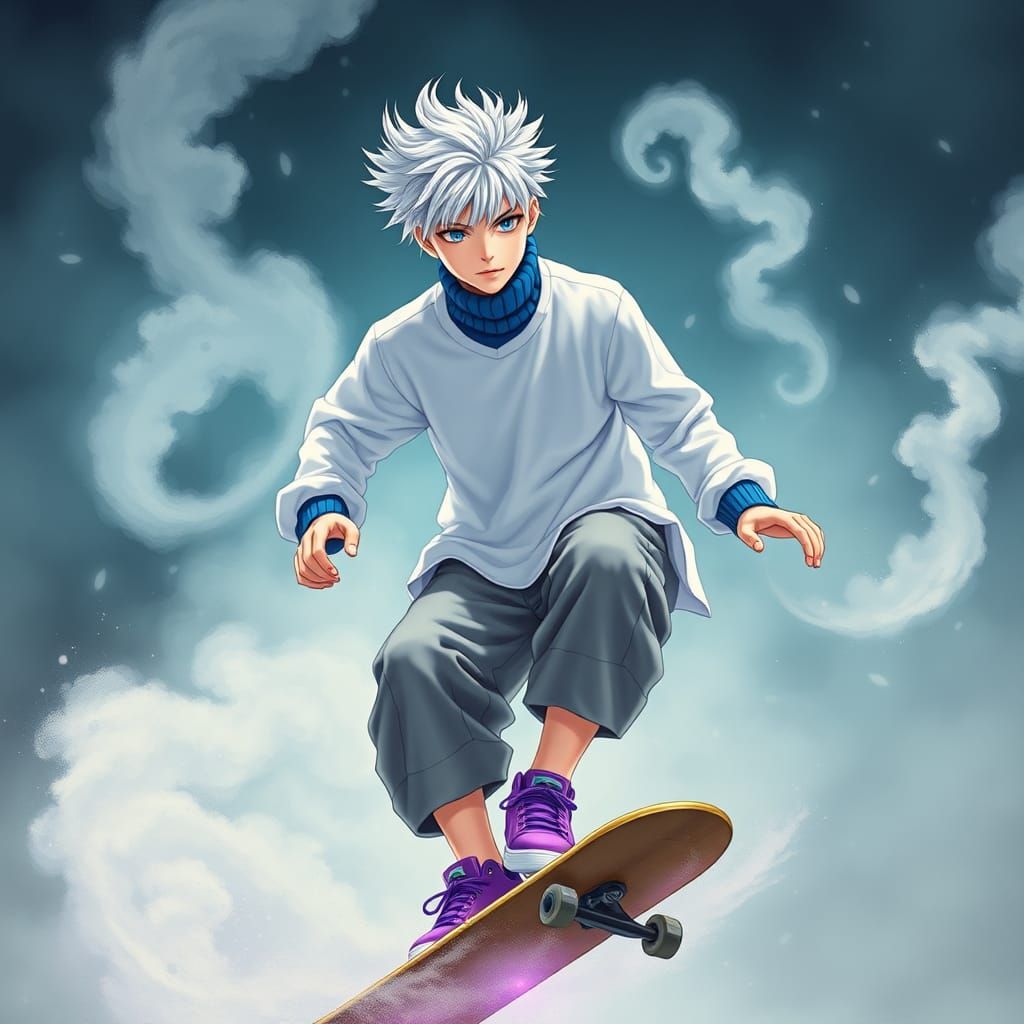 Killua Zoldyck Skateboarding in Ethereal Anime Realm