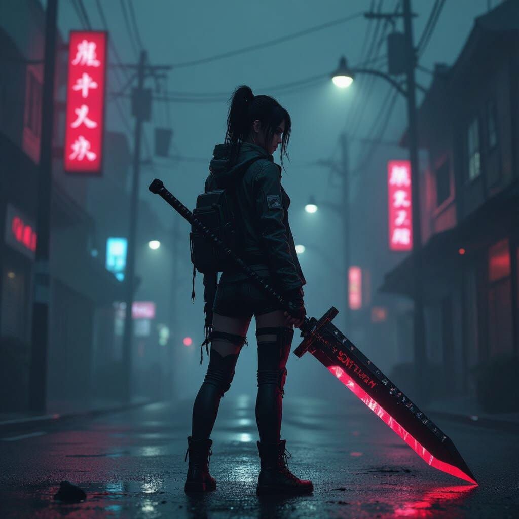 Gamer Girl with Sword in Silent Hill Fog