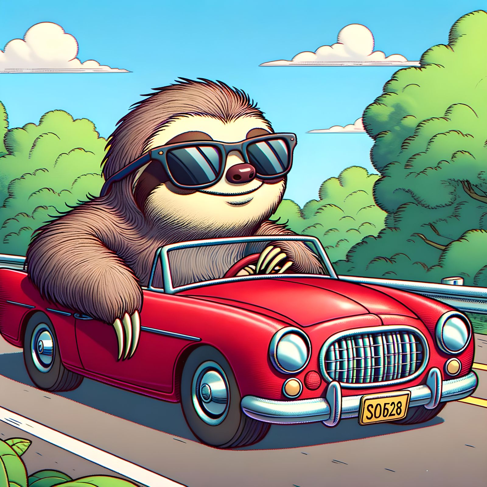 Cartoon Sloth Drives a Red Convertible