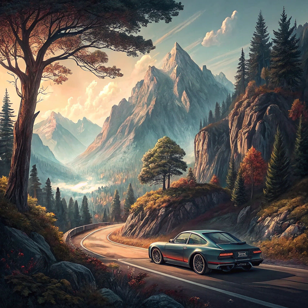 Car Driving to Mountains in Detailed Matte Painting