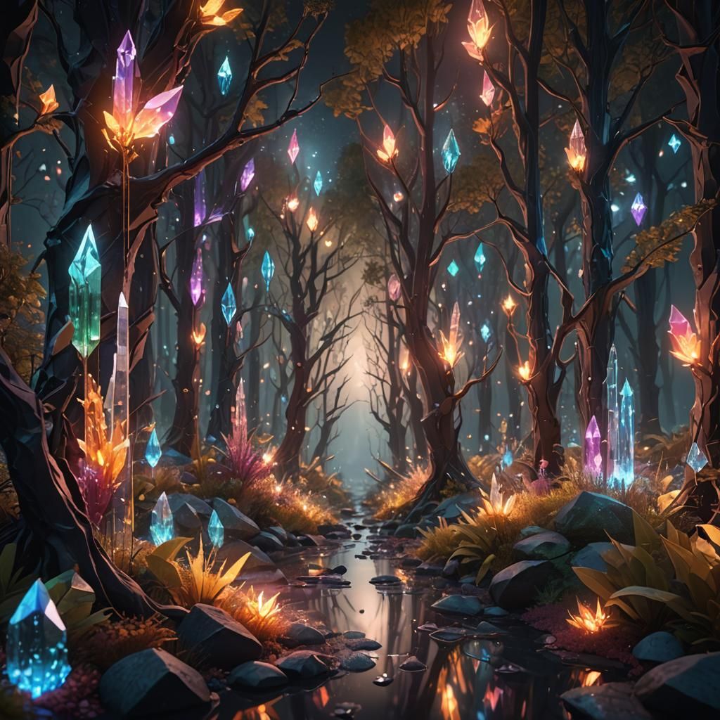 Enchanted Glass Forest: Colorful Crystals at Night