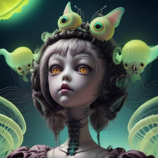 Surreal Doll with Neon Headdress: A 3D Render