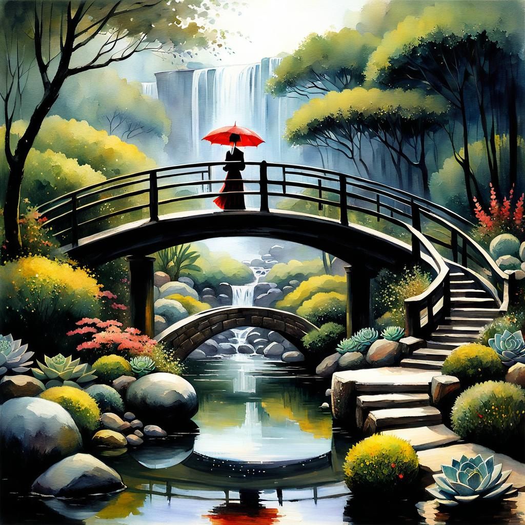 Zen Garden Girl with Umbrella Watercolor Painting