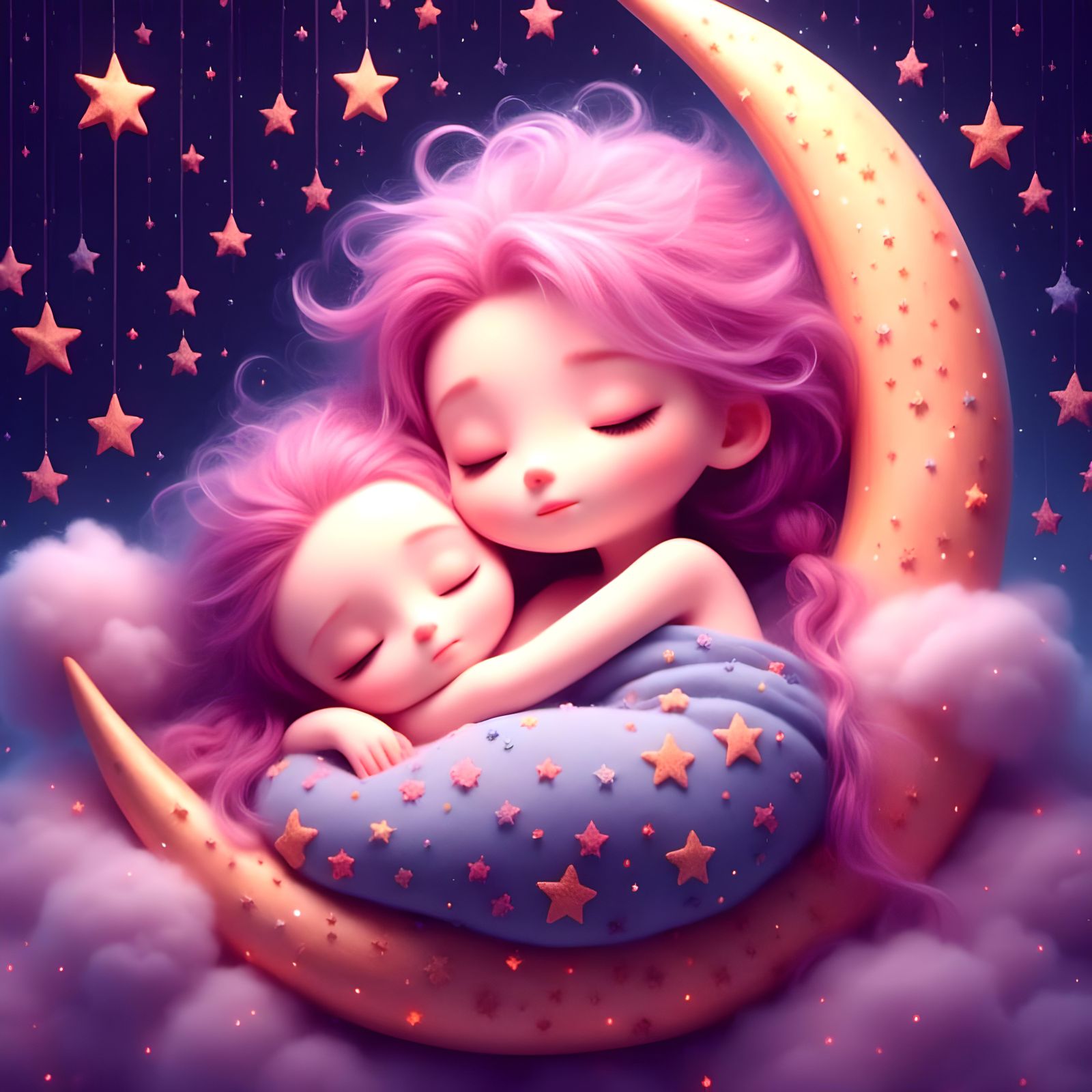 Cute Star Sleeping on Crescent Moon