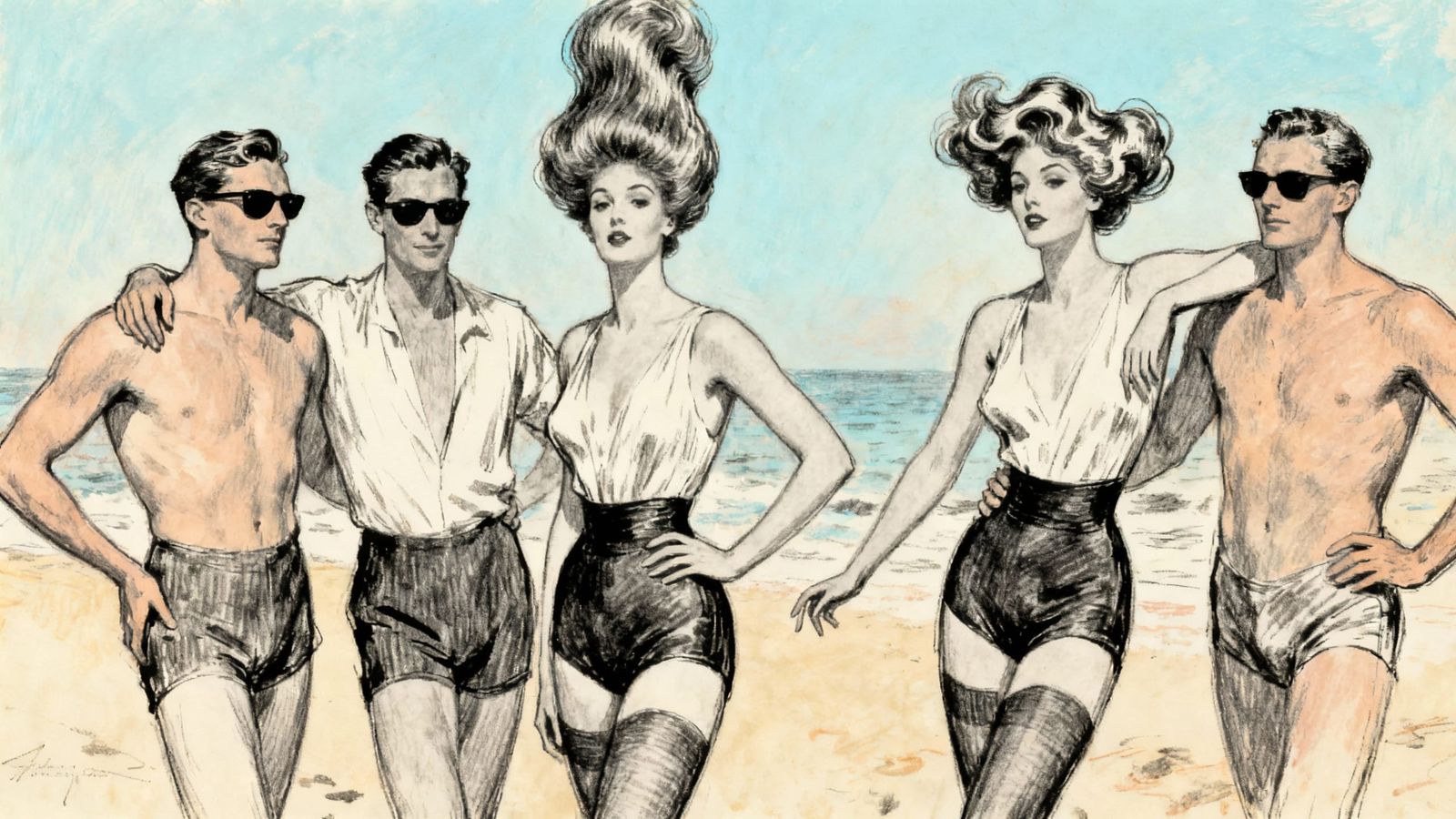 Elegant Beach Fashion Charcoal Sketch in Retro Style
