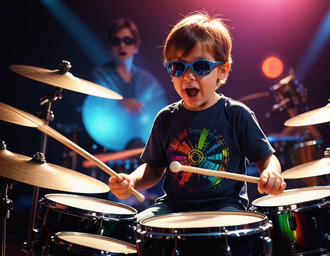 Child Drummer Rocks the Stage: Vibrant Digital Art