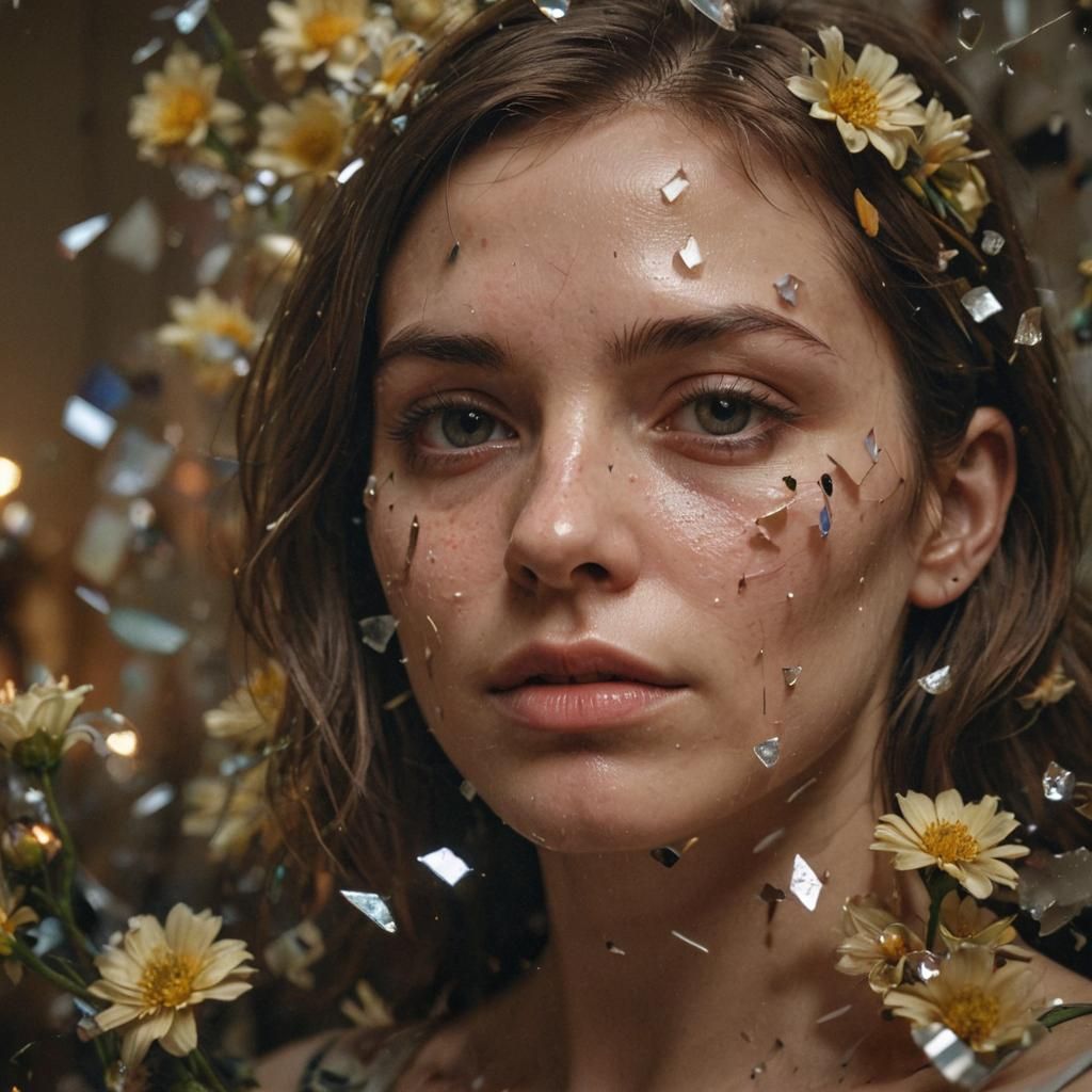 Photorealistic Portrait: Woman with Flowers and Broken Glass