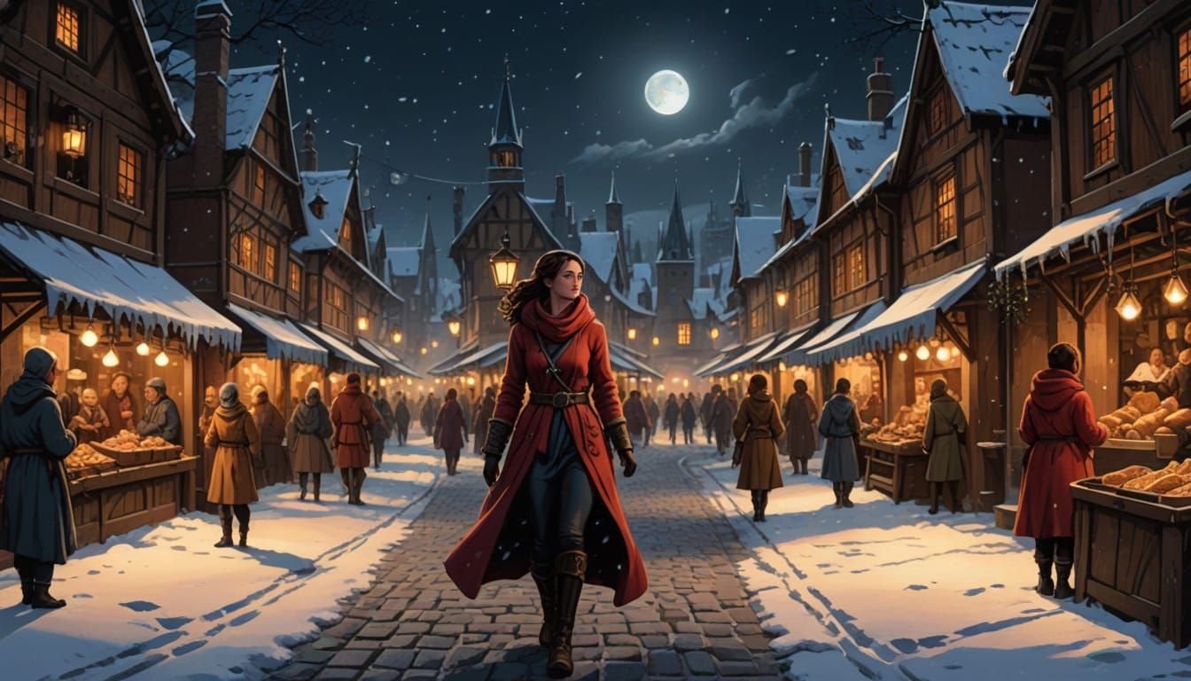Woman Walks Through Snowy Medieval Market Under Full Moon