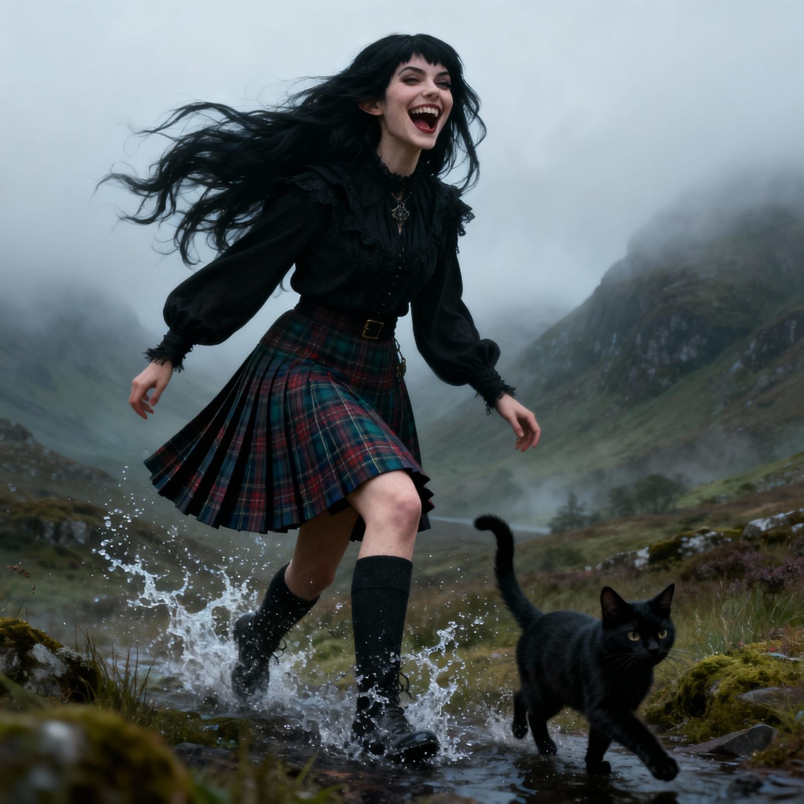 Mischievous Woman and Cat in Misty Scottish Highlands