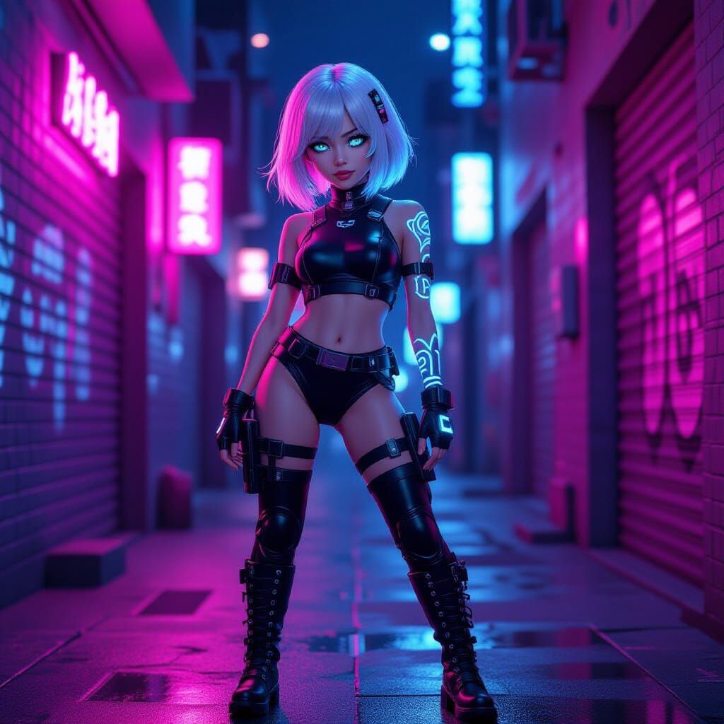 Cyberpunk Girl in Neon Alleyway