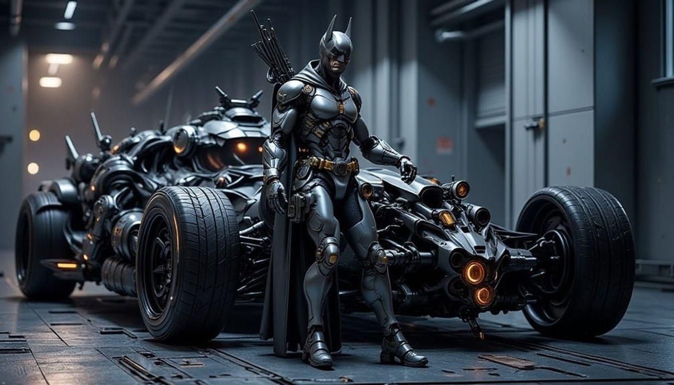 Cyborg Batman Standing Beside Dark Steel Batmobile