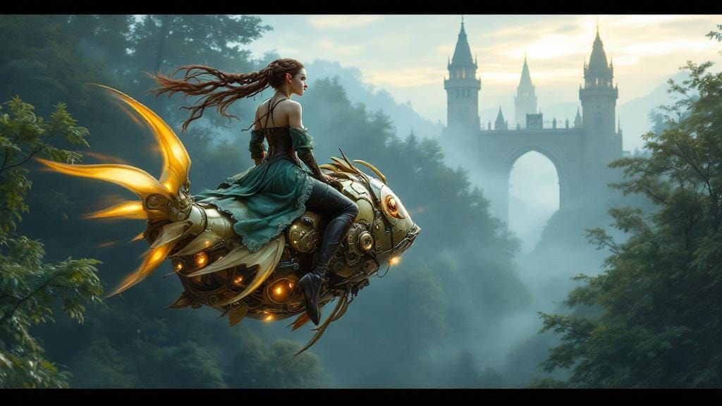 Elven Woman Rides Steampunk Machine in Enchanted Forest