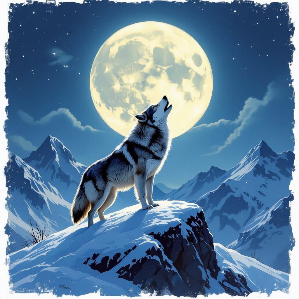 Majestic Wolf Howling at Moon on Snowy Peak