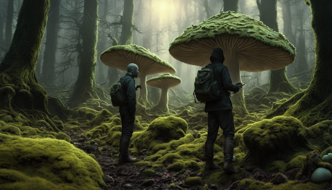 Mushroom Man in Eerie Forest with Bioluminescent Fungi