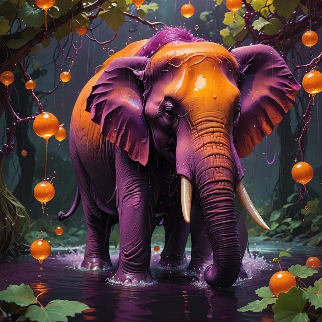 Orange Elephant Bathed in Grape Juice, Digital Art