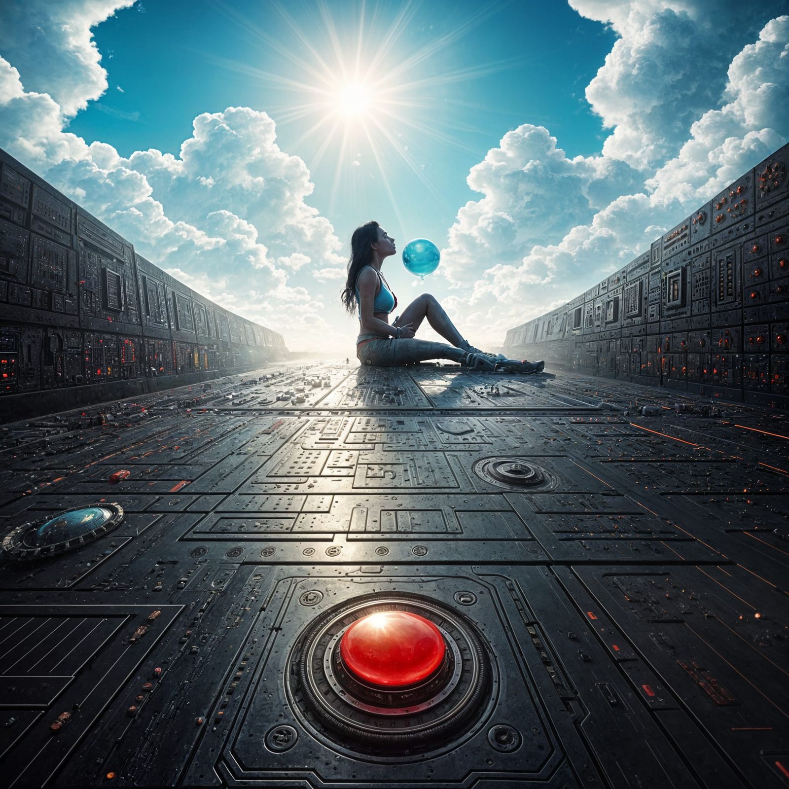 Surreal Machine Control Panel with Epic Sunlit Woman