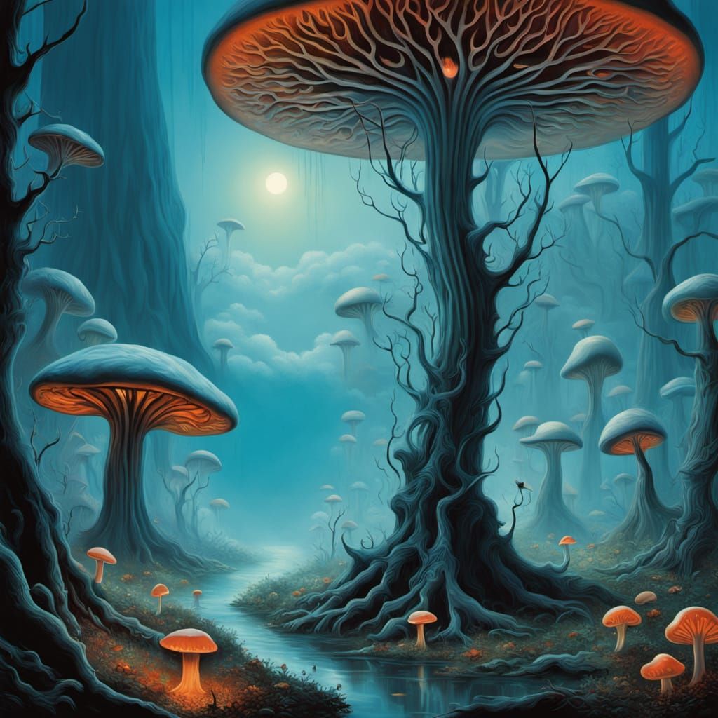 Ethereal Surrealist Scene in Iridescent Forest