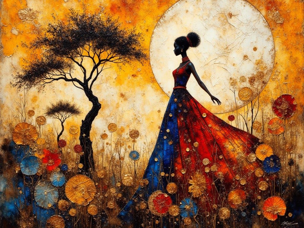 Masaai Silhouette with Adinkra Symbols in Encaustic Impasto