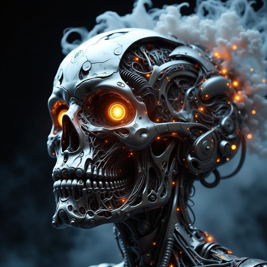 Cybernetic Skull with Glowing Eye in Mad Scientist Lab