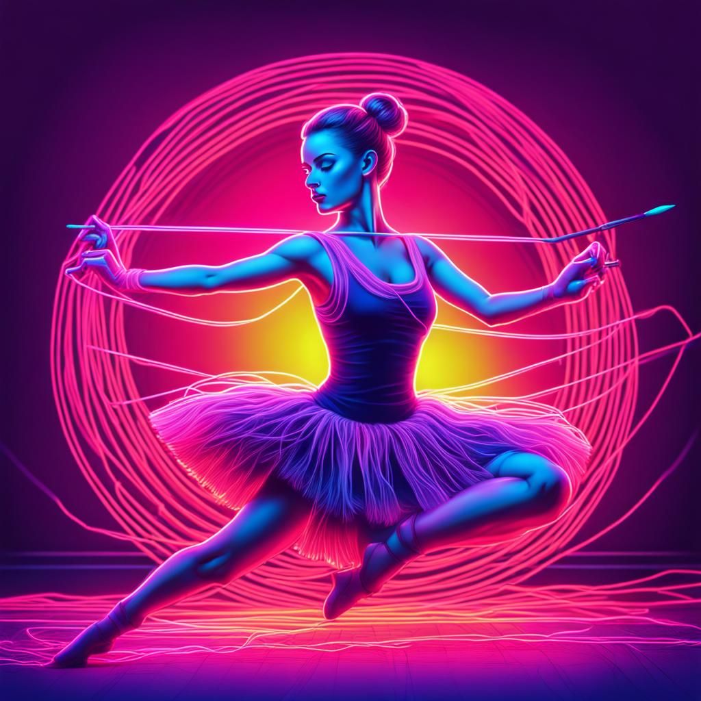 Ballerina Dances with Yarn: Synthwave Neon Art