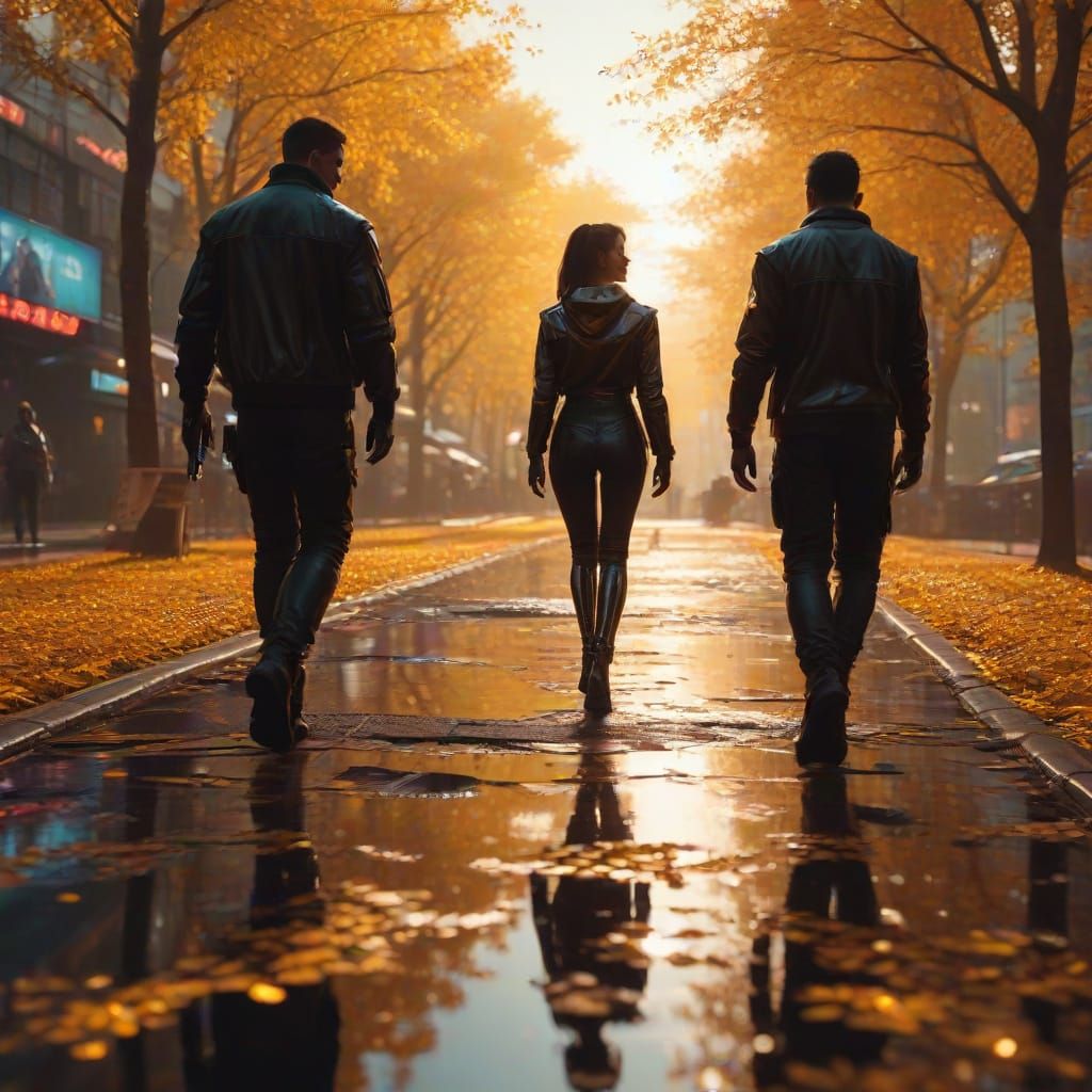Romantic Cyberpunk Stroll in Neon Noir Autumn