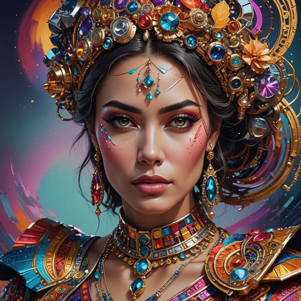 Colorful Woman Portrait with Futuristic Jewelry in Splash Ar...