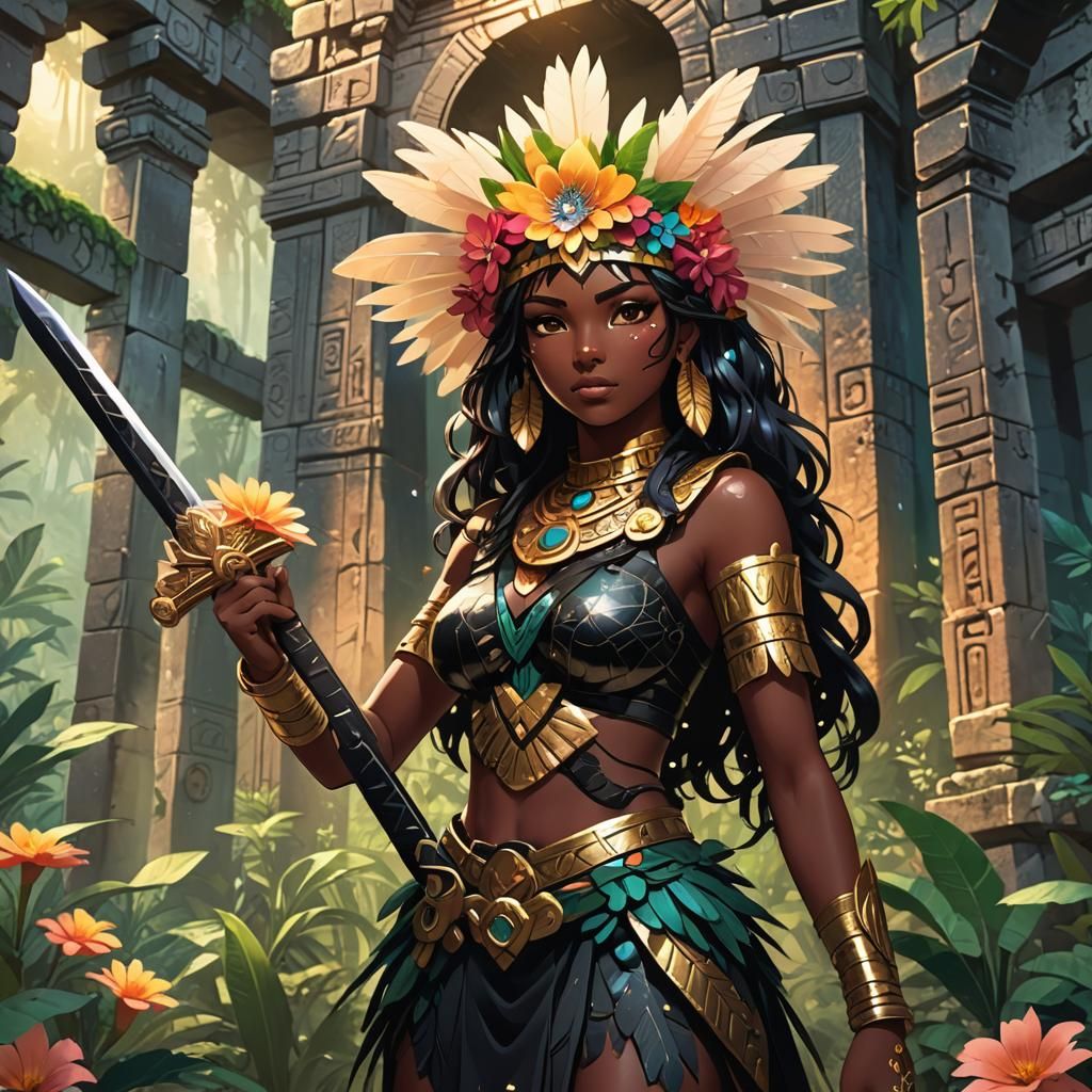 Latina Anime Girl with Obsidian Sword in Mayan Ruins