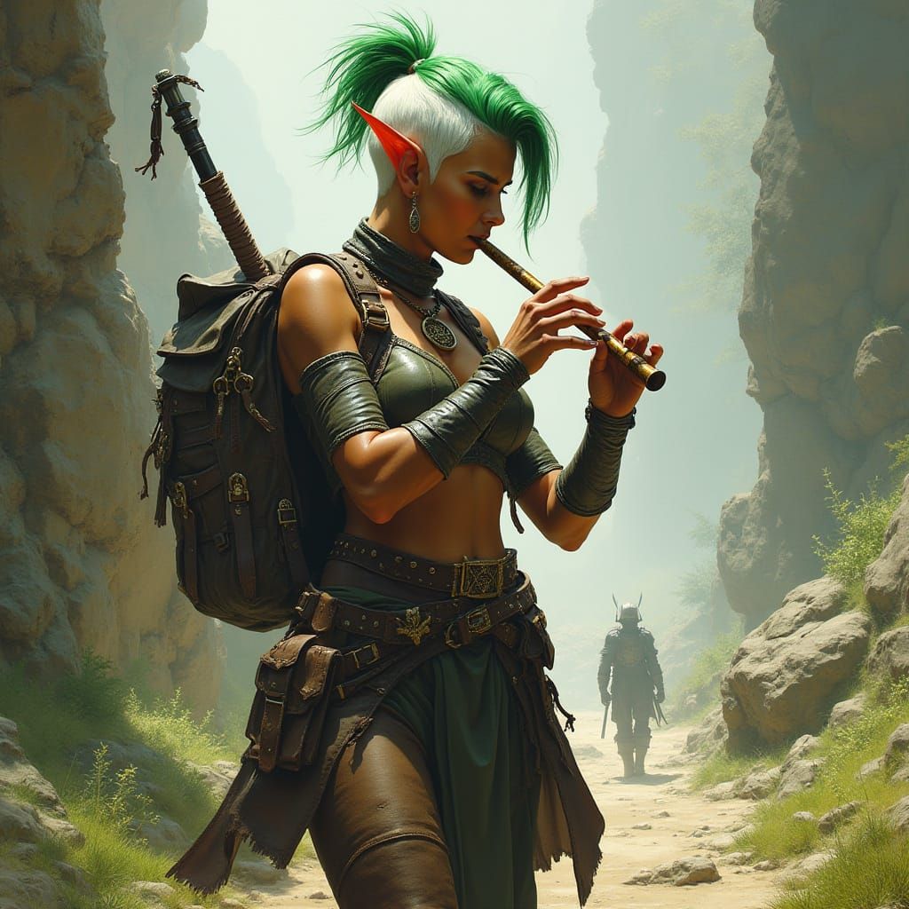 Dark Elf Warrior with Green Mohawk Playing Flute